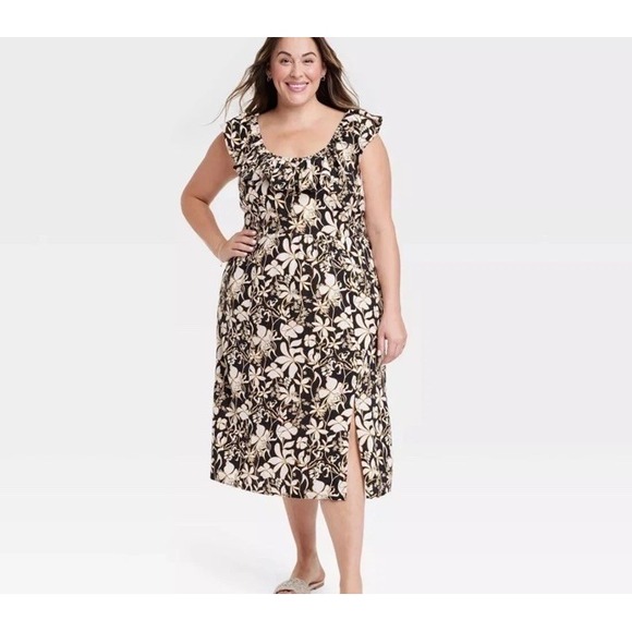 Ava & Viv Black Floral Ruffle Maxi Linen Blend Dress Women 3X Vacation Resort - Picture 1 of 16